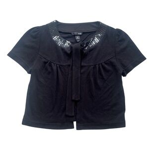H&M Women’s Small Black Sequins Trim Short Puff Sleeve Tie Top Crop Y2K Cardigan